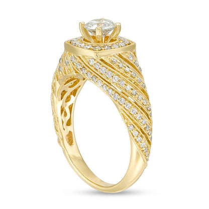 1.0 CT. T.W. Natural Diamond Cushion Frame Spiral Shank Antique Vintage-Style Engagement Ring in Solid 10K Yellow Gold