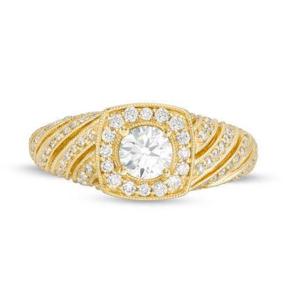 1.0 CT. T.W. Natural Diamond Cushion Frame Spiral Shank Antique Vintage-Style Engagement Ring in Solid 10K Yellow Gold