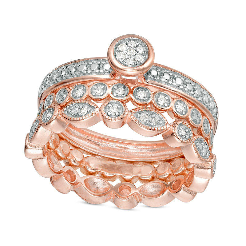 0.10 CT. T.W. Natural Diamond Antique Vintage-Style Three Piece Stackable Band Set in Sterling Silver with Solid 18K Rose Gold Plate