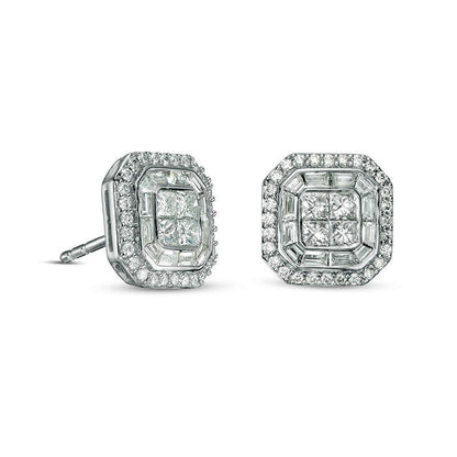 1.25 CT. T.W. Quad Princess-Cut Diamond Double Octagon Frame Stud Earrings in 14K White Gold