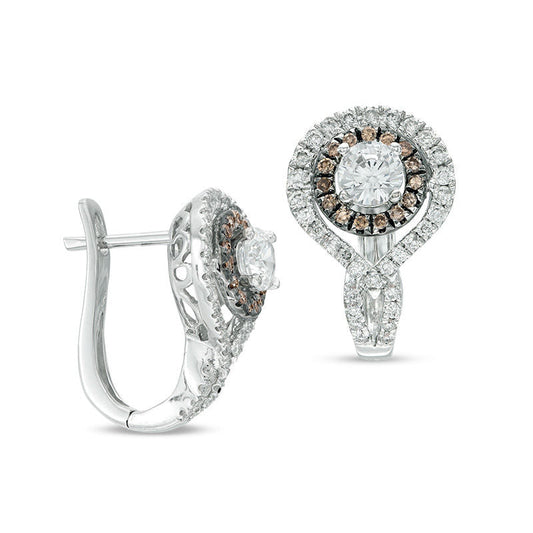 1.5 CT. T.W. Champagne and White Diamond Double Frame Twist Hoop Earrings in 14K White Gold
