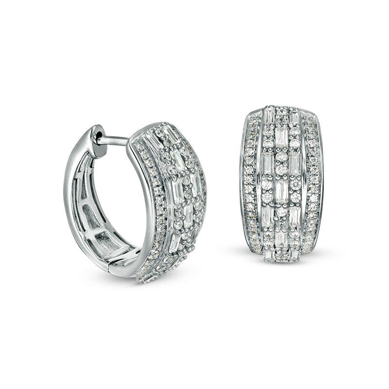 1 CT. T.W. Baguette and Round Diamond Alternating Multi-Row Hoop Earrings in 10K White Gold