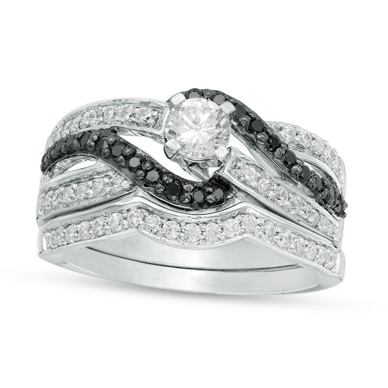 0.88 CT. T.W. Enhanced Black and White Natural Diamond Bypass Bridal Engagement Ring Set in Sterling Silver