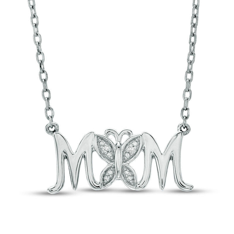 Natural Diamond Accent Butterfly MOM" Necklace in Sterling Silver - 16""