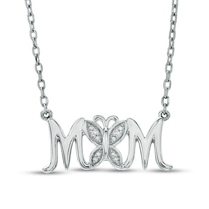 Natural Diamond Accent Butterfly MOM" Necklace in Sterling Silver - 16""