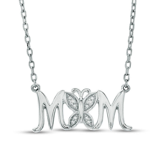 Natural Diamond Accent Butterfly MOM" Necklace in Sterling Silver - 16""