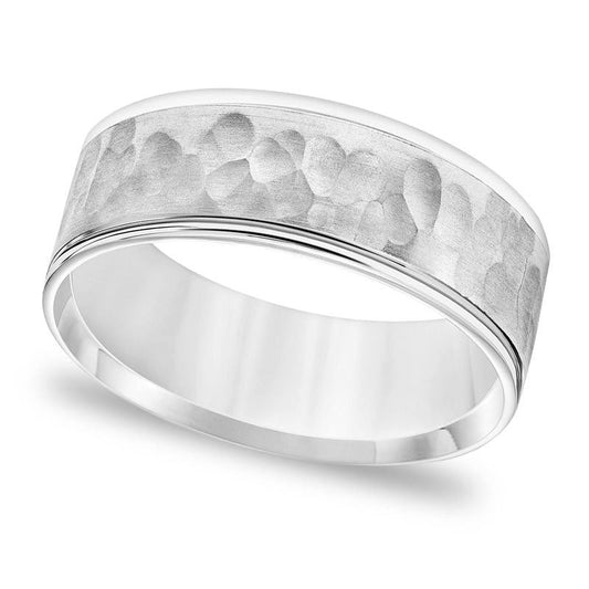 Men's 7.5mm Comfort-Fit Brushed Hammered Wedding Band in Solid 14K White Gold