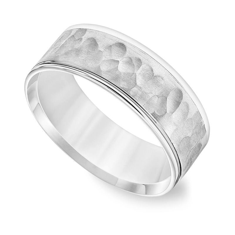 Men's 7.5mm Comfort-Fit Brushed Hammered Wedding Band in Solid 14K White Gold