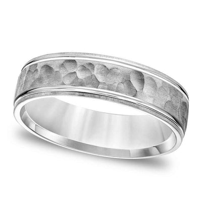 Men's 6.0mm Comfort-Fit Brushed Hammered Wedding Band in Solid 14K White Gold