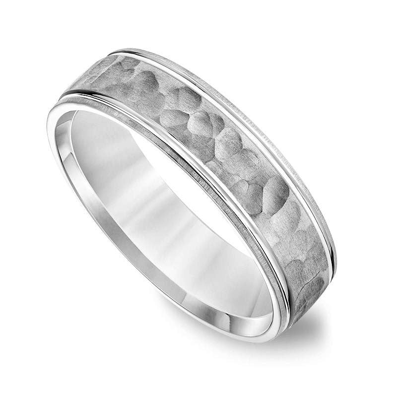 Men's 6.0mm Comfort-Fit Brushed Hammered Wedding Band in Solid 14K White Gold