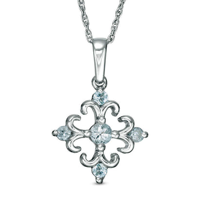 Aquamarine Square Fleur-de-Lis Pendant in Sterling Silver