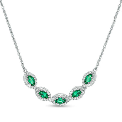 Marquise Lab-Created Emerald and White Sapphire Frame Five Stone Necklace in Sterling Silver