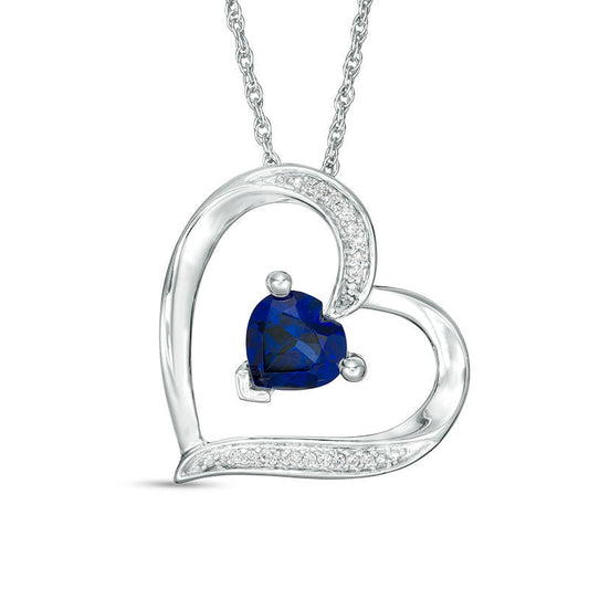 6.0mm Heart-Shaped Lab-Created Blue Sapphire and Diamond Accent Tilted Heart Pendant in Sterling Silver
