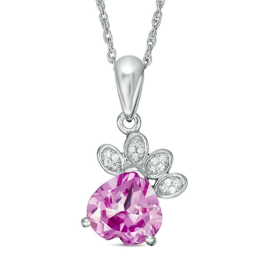 8.0mm Heart-Shaped Lab-Created Pink Sapphire and 0.041 CT. T.W. Diamond Paw Print Pendant in Sterling Silver