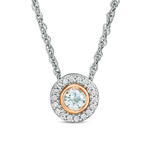 Aquamarine and 0.1 CT. T.W. Natural Diamond Frame Pendant in Sterling Silver and 10K Rose Gold