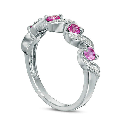 Lab-Created Pink Sapphire and 0.10 CT. T.W. Diamond Cascading Band in Sterling Silver