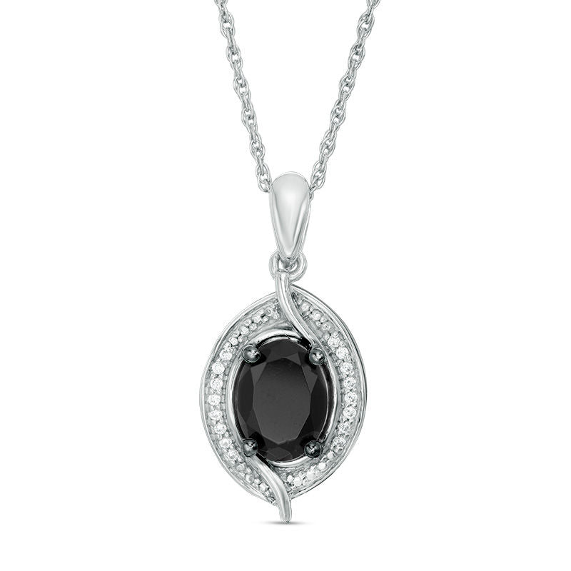 Oval Lab-Created Black Sapphire and 0.05 CT. T.W. Diamond Bead Bypass Swirl Frame Pendant in Sterling Silver