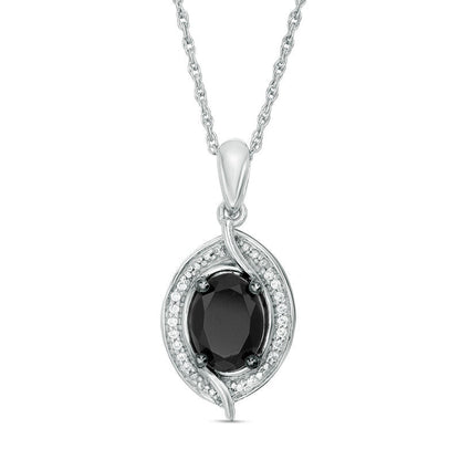Oval Lab-Created Black Sapphire and 0.05 CT. T.W. Diamond Bead Bypass Swirl Frame Pendant in Sterling Silver