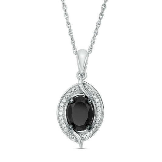 Oval Lab-Created Black Sapphire and 0.05 CT. T.W. Diamond Bead Bypass Swirl Frame Pendant in Sterling Silver
