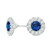 4.3mm Lab-Created Blue Sapphire and 0.25 CT. T.W. Diamond Frame Stud Earrings in Sterling Silver