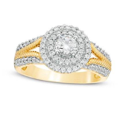 0.75 CT. T.W. Natural Diamond Double Frame Rope Shank Engagement Ring in Solid 14K Gold