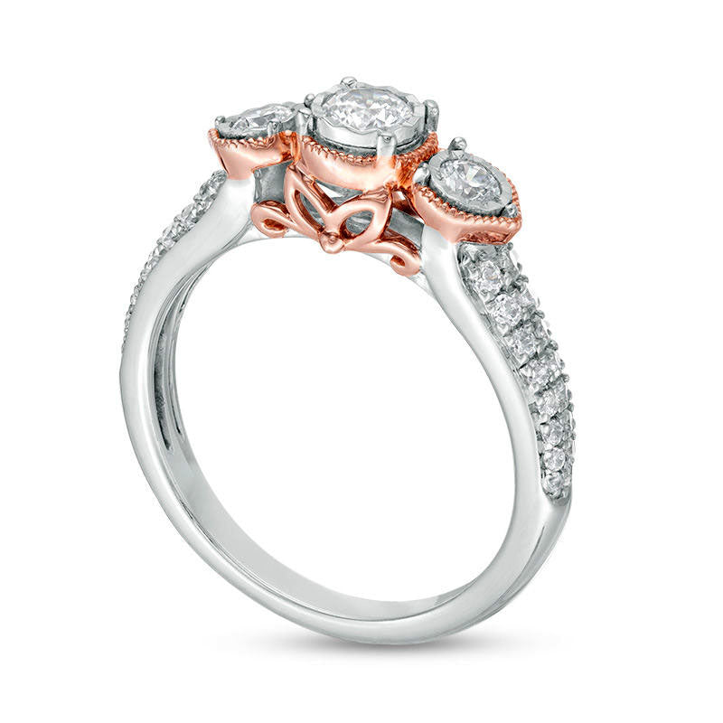 0.63 CT. T.W. Natural Diamond Three Stone Antique Vintage-Style Engagement Ring in Solid 14K Two-Tone Gold - Size 7