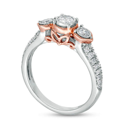0.63 CT. T.W. Natural Diamond Three Stone Antique Vintage-Style Engagement Ring in Solid 14K Two-Tone Gold - Size 7