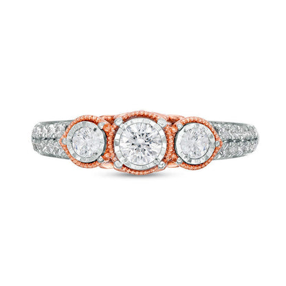 0.63 CT. T.W. Natural Diamond Three Stone Antique Vintage-Style Engagement Ring in Solid 14K Two-Tone Gold - Size 7