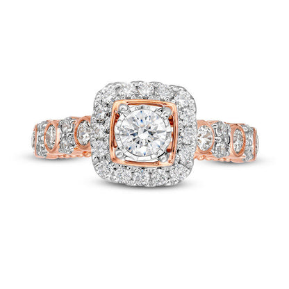 1.0 CT. T.W. Natural Diamond Cushion Frame Alternating Engagement Ring in Solid 14K Two-Tone Gold - Size 7