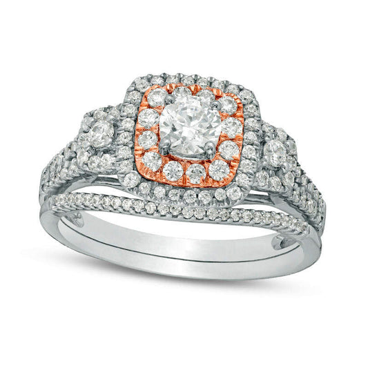 1.0 CT. T.W. Natural Diamond Double Cushion Frame Bridal Engagement Ring Set in Solid 14K Two-Tone Gold