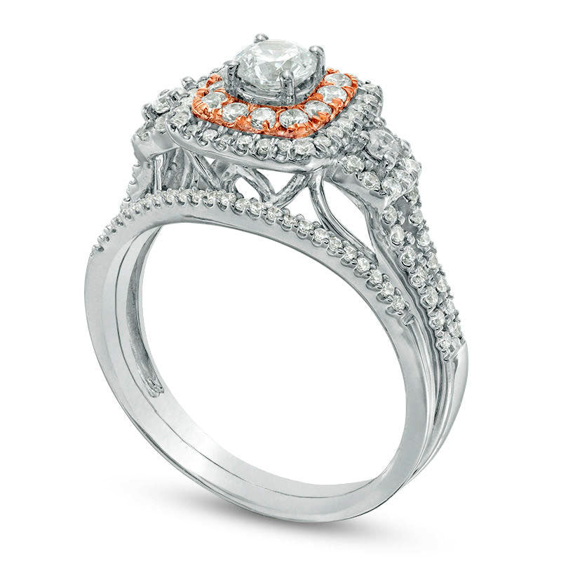 1.0 CT. T.W. Natural Diamond Double Cushion Frame Bridal Engagement Ring Set in Solid 14K Two-Tone Gold