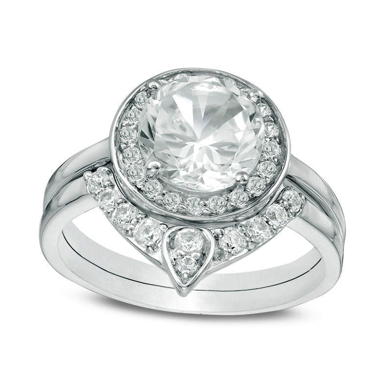8.0mm Lab-Created White Sapphire Frame Bridal Engagement Ring Set in Sterling Silver
