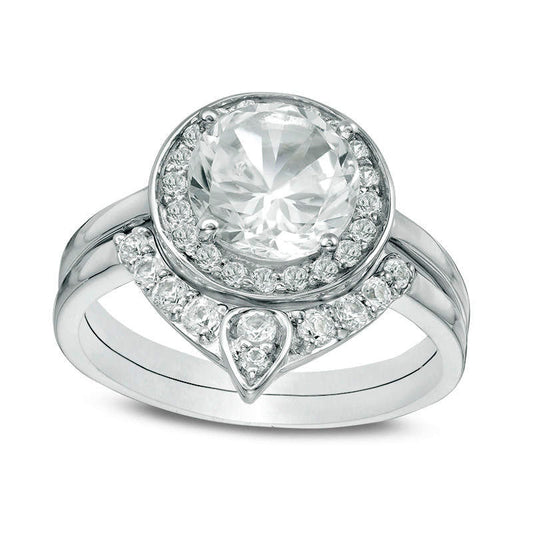 8.0mm Lab-Created White Sapphire Frame Bridal Engagement Ring Set in Sterling Silver