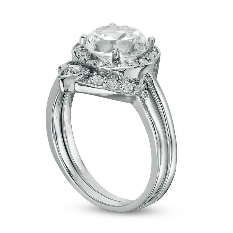 8.0mm Lab-Created White Sapphire Frame Bridal Engagement Ring Set in Sterling Silver