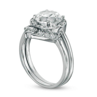 8.0mm Lab-Created White Sapphire Frame Bridal Engagement Ring Set in Sterling Silver