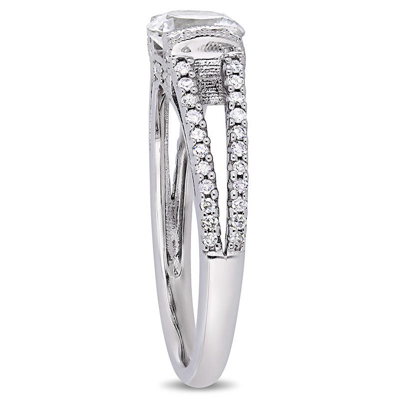 6.0mm Lab-Created White Sapphire and 0.33 CT. T.W. Diamond Collar Antique Vintage-Style Engagement Ring in Solid 10K White Gold