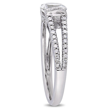6.0mm Lab-Created White Sapphire and 0.33 CT. T.W. Diamond Collar Antique Vintage-Style Engagement Ring in Solid 10K White Gold