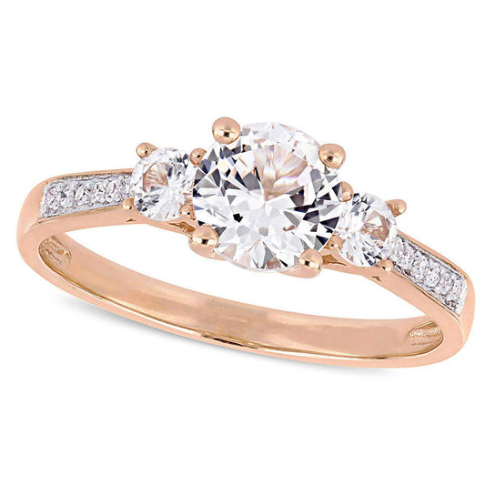 Lab-Created White Sapphire and 0.05 CT. T.W. Diamond Three Stone Engagement Ring in Solid 10K Rose Gold