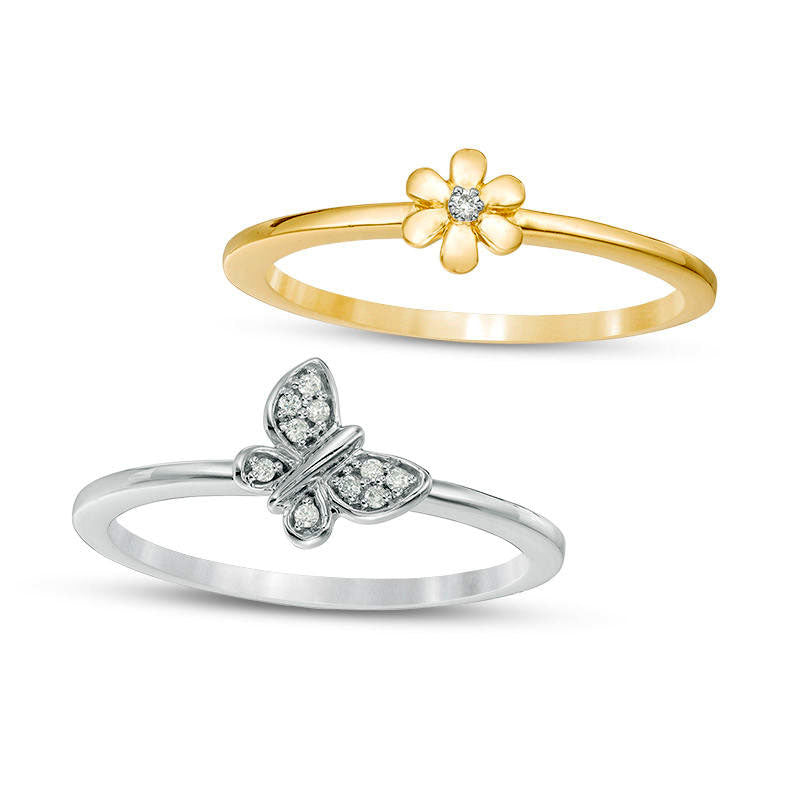 0.05 CT. T.W. Natural Diamond Flower and Butterfly Two Piece Stackable Ring Set in Solid 10K Two-Tone Gold