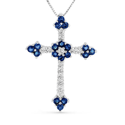 Blue Sapphire and 0.33 CT. T.W. Natural Diamond Floral Cross Pendant in 14K White Gold