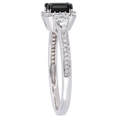 0.88 CT. T.W. Emerald-Cut Enhanced Black and White Sapphire Three Stone Frame Engagement Ring in Solid 10K White Gold