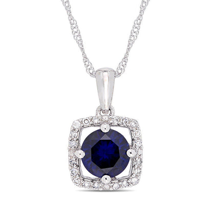 6.0mm Lab-Created Blue Sapphire and 0.1 CT. T.W. Diamond Cushion Frame Pendant in 10K White Gold - 17
