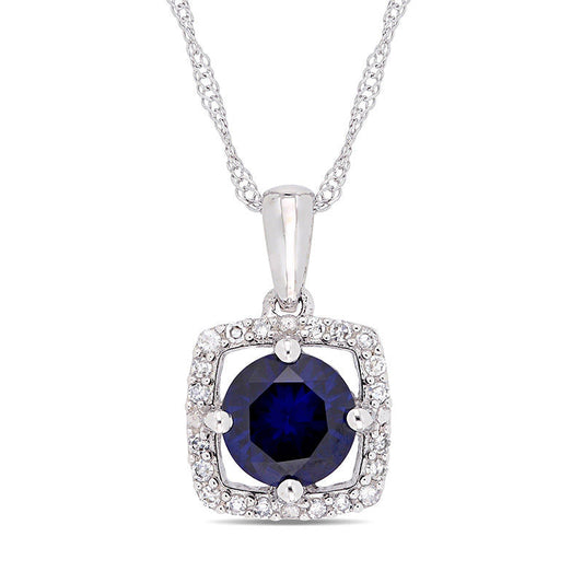 6.0mm Lab-Created Blue Sapphire and 0.1 CT. T.W. Diamond Cushion Frame Pendant in 10K White Gold - 17