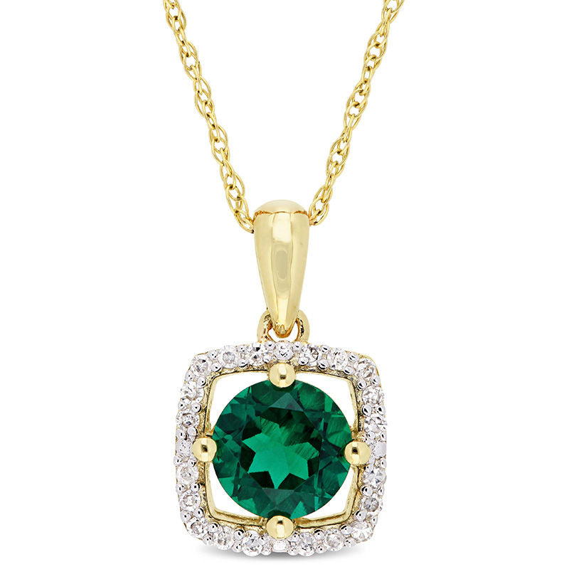 6.0mm Lab-Created Emerald and 0.1 CT. T.W. Diamond Cushion Frame Pendant in 10K Yellow Gold - 17
