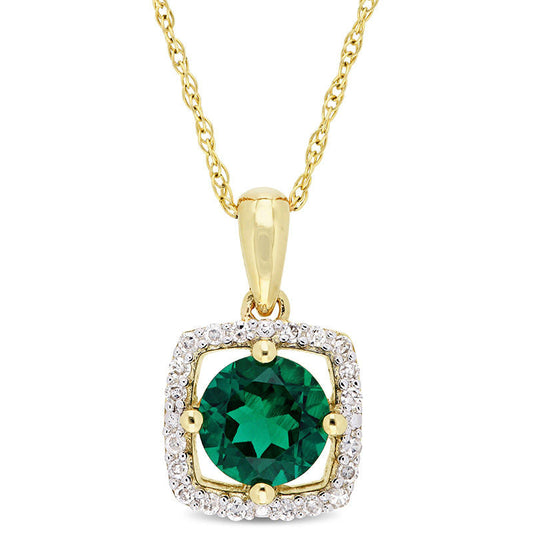 6.0mm Lab-Created Emerald and 0.1 CT. T.W. Diamond Cushion Frame Pendant in 10K Yellow Gold - 17
