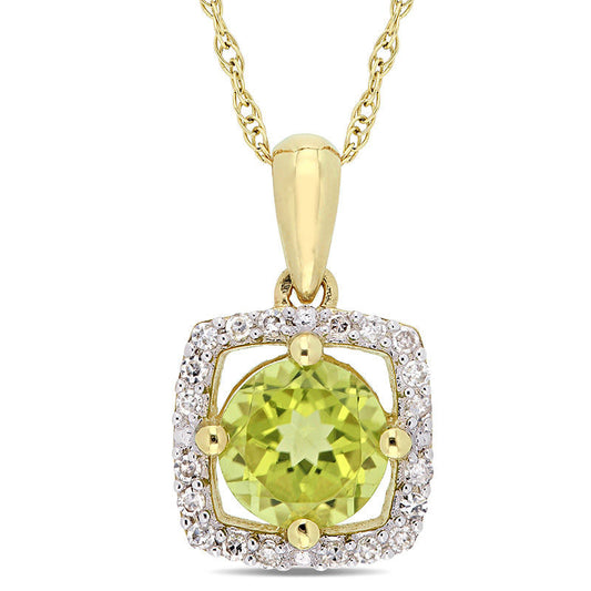 6.0mm Peridot and 0.1 CT. T.W. Natural Diamond Cushion Frame Pendant in 10K Yellow Gold - 17