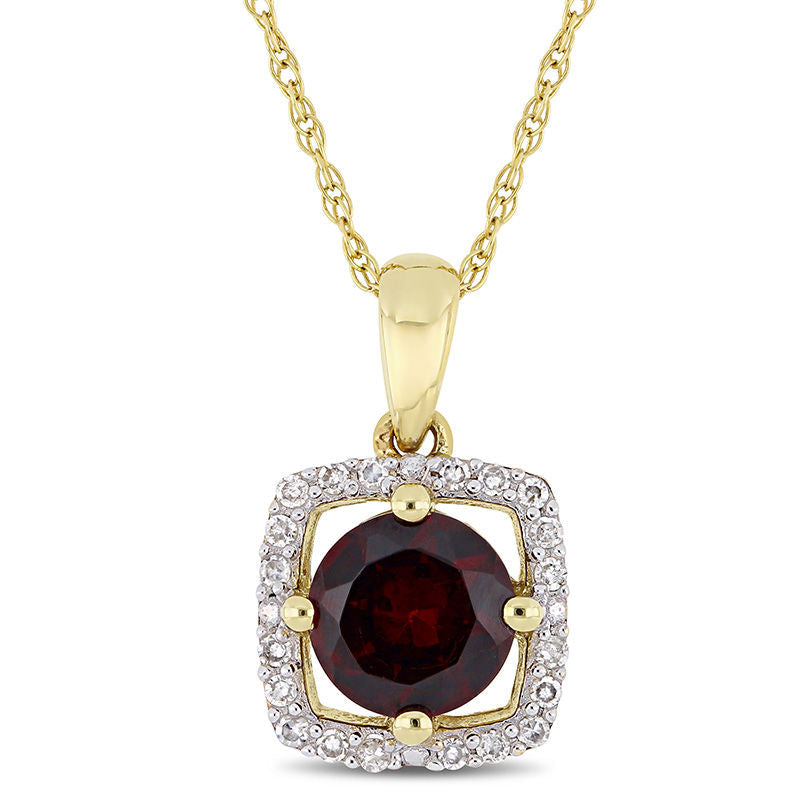 6.0mm Garnet and 0.1 CT. T.W. Natural Diamond Cushion Frame Pendant in 10K Yellow Gold - 17