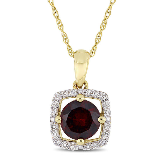6.0mm Garnet and 0.1 CT. T.W. Natural Diamond Cushion Frame Pendant in 10K Yellow Gold - 17