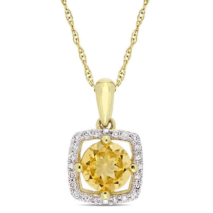 6.0mm Citrine and 0.1 CT. T.W. Natural Diamond Cushion Frame Pendant in 10K Yellow Gold - 17