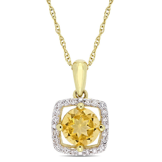 6.0mm Citrine and 0.1 CT. T.W. Natural Diamond Cushion Frame Pendant in 10K Yellow Gold - 17